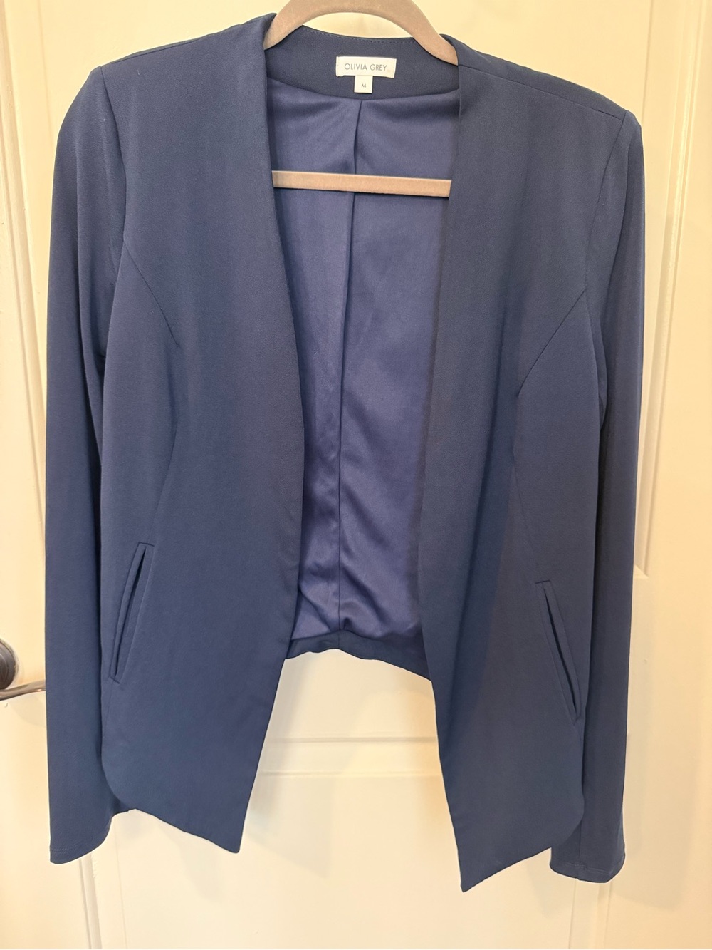 Olivia Grey Navy Open-Front Waterfall Blazer Medium